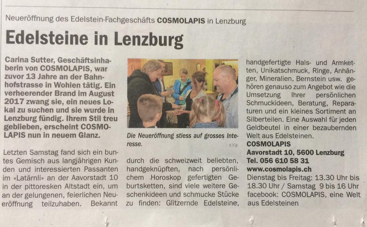 Zeitungsbericht, Edelsteine in Lenzburg